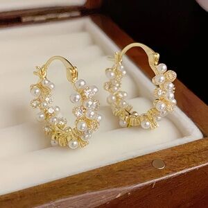 ✨ Gold Pearl Hoop Earrings Crystal Cluster Statement Hoops Elegant Luxury